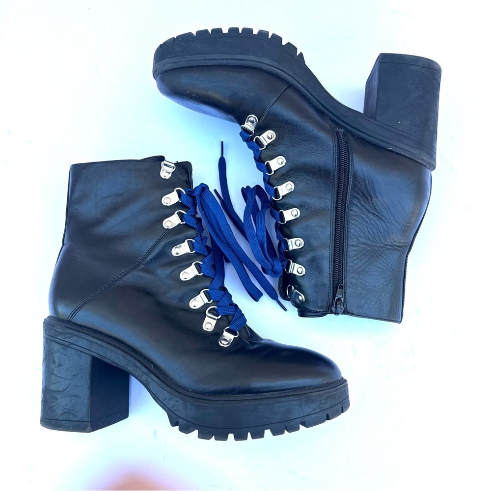 STEVE MADDEN RICHIE 9.5 Black Leather Combat Platform Lug Sole Boots - Picture 3 of 9